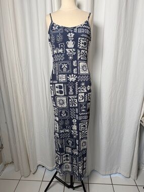 See You Monday Navy and White Printed Spaghetti-Strap Maxi Dress